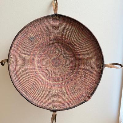Vintage Large African Harari Leather Trimmed Bowl Basket Ethiopia 