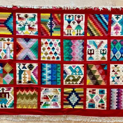 Vintage Abstract Wool Figural Kilim Rug With Fringe And Hanging Rod