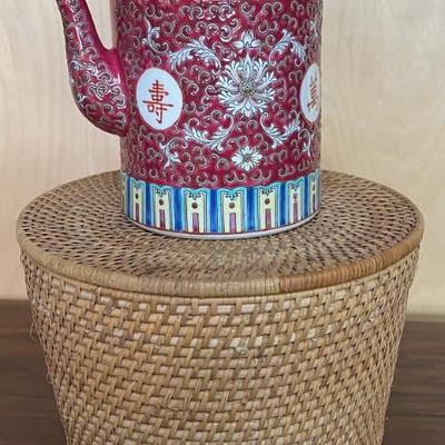 Vintage Chinese Pink Porcelain Tea Pot With Basket