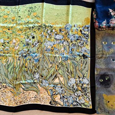 (3) Vintage Scarves - Joanne Hand Painted Silk Cats - Echo InCharter Club & Van Gogh Irises