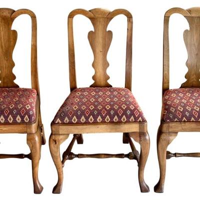 Set Of 3 Vintage Maple Dining Chairs With Tapestry Seats
