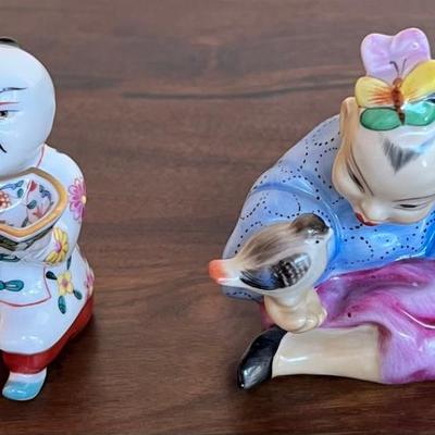 (2) Herend Hungary Hand Painted Porcelain Girl With Bird And Kneeling With Bowl (As Is)