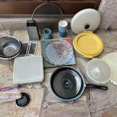LLS064- Assorted Kitchen Items: Graters, Strainers, Crystal Serving Tray, Frying Pans, Splash Screen