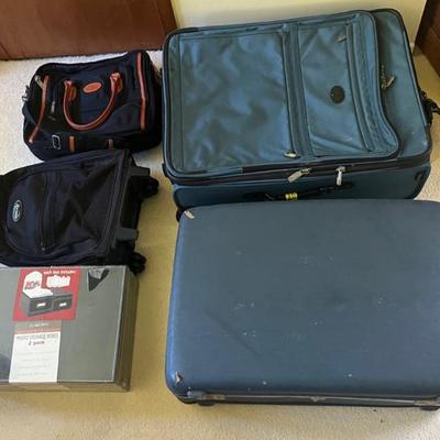LLS089 2 Large Blue Suitcases, Rolling Bag, CLC Signature Laptop Bag, Photo Storage Containers