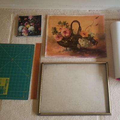 LLS083 Original Oil Painting Of A Floral Basket, Memorabilia Posters, Empty Frame And Other Trinkets