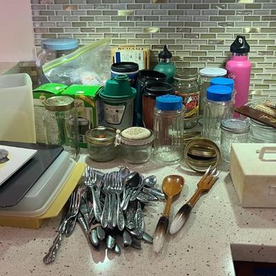 LLS072 Assorted Kitchenware (Silverware + Serving Items), Glass Jars, Travel Cups, Hydro flasks 