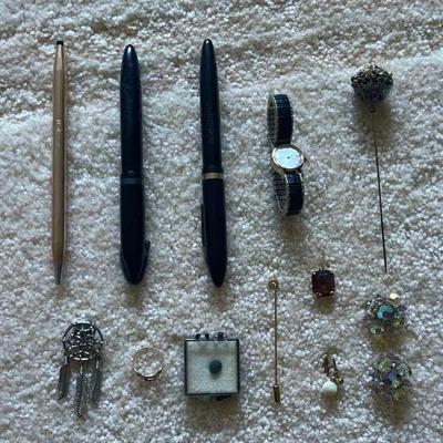 LLS100 Vintage Pens, Watch, A Ring, And Pins