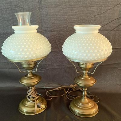 Brass Hurricane Lamps W/ Hobnail Milk Glass Shades 