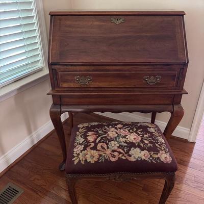 Queen Anne Drop Front Desk With Needlepoint Seat