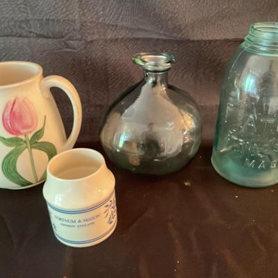 Glass Ceramic Jar Assortment W/ Large Atlas Mason Jar, Pink Tulip Antique Wheeling Pottery Avon 