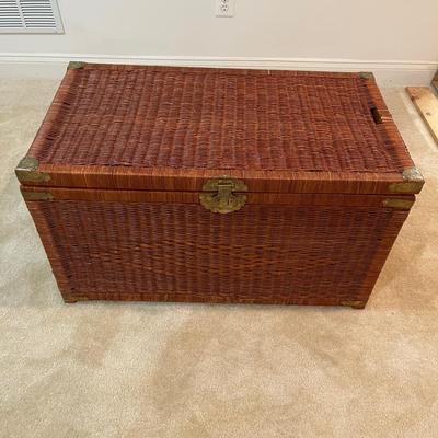 Chinese Style Woven Wicker Trunk w/etched Brass Handware