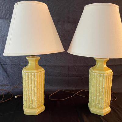 2 Matching Pale Yellow Bamboo Pattern Tablelamps