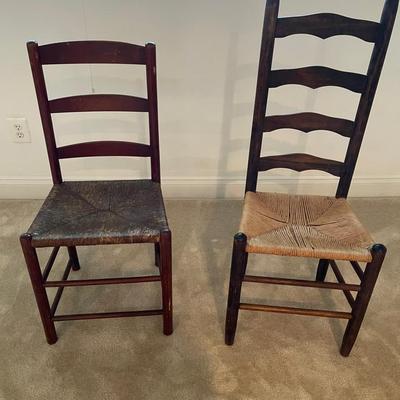 Two MCM Antique Ladderback Rush Seat Chairs
