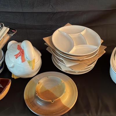 Mixed Dining Lot W/ 6 Fondue Plates, Corningware Casserole Dish, Goose Cookie Jar Made In Japan