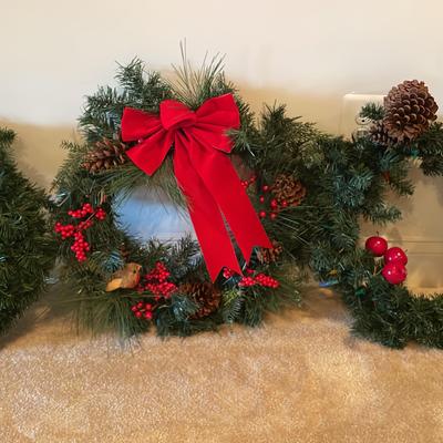 26 Ft Lighted Garland W/ Extension, 7ft Christmas Tree, 3 Wreaths 