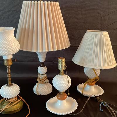 4 Hobnail Milk Glass Lamps 2 Matching 