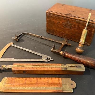 Folding Sewing Machine Parts Box & Antique Tools With Stanley Boxwood, Brass, Caliper  