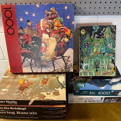 Vintage Puzzles (8), Including Sealed And HTF Sprinkbok Muppets, Haunted House, Etc