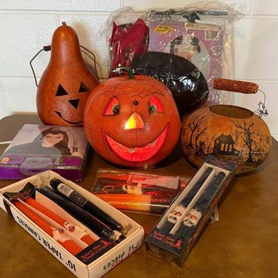 Halloween Decor With Costumes, Candles, Gourds, Lighted Pumpkin 