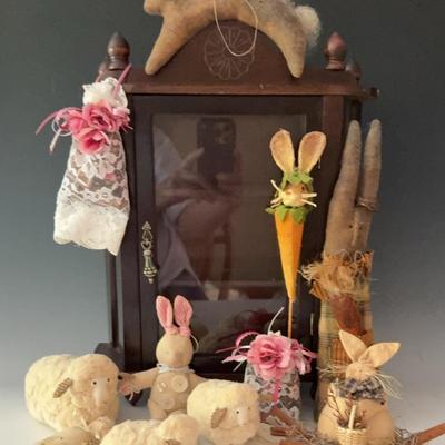 Vintage Wood & Glass Wall Cupboard with Rabbit, Sheep & More