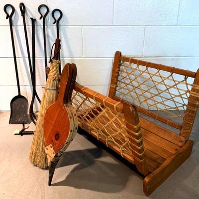 Fireplace Tools, Bellows, Snowshoe Style Log Holder & Warren Olney Broom