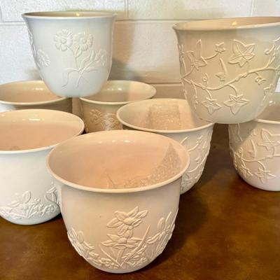 8 Off-White Ceramic Embossed Planters, 3 Total Styles