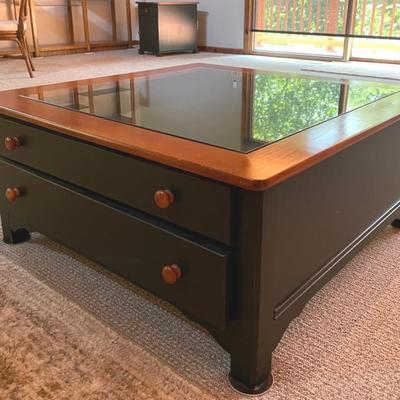 Painted Wood With Cherry Top Glass Display Coffee Table