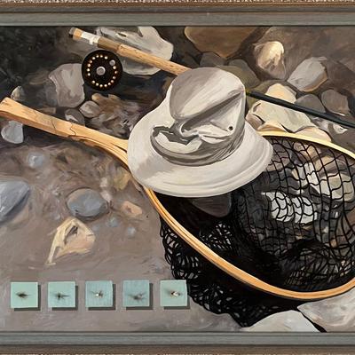 Mixed Media Oil on Canvas Homage to Fly Fishing, Unsigned 