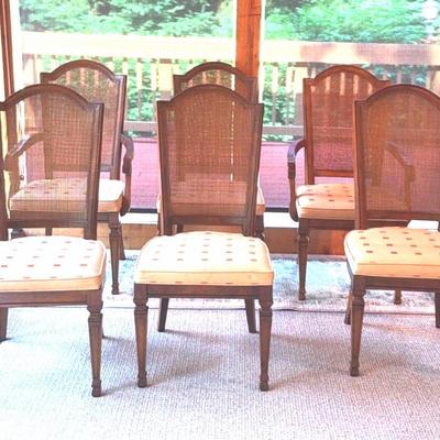 6 Fruitwood Style Mid-Century Cane Back Dining Room Chairs