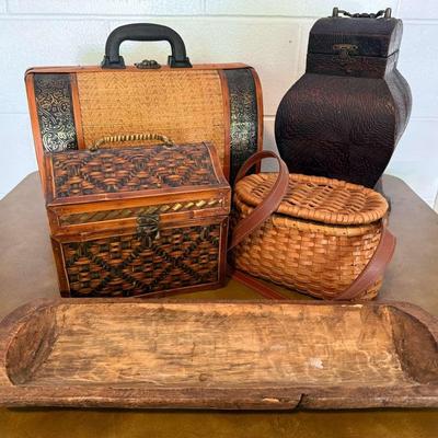 Basket & Wooden Tray, Storage, Home Decor (5 Pieces)
