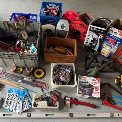 Large Garage Cleanout With Boxes, Bins, Heaters, Lights, Level, Etc