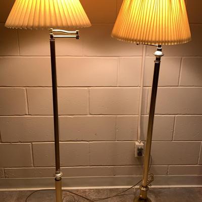 Two Brass Swing Arm Floor Lamps With Pleated Shades