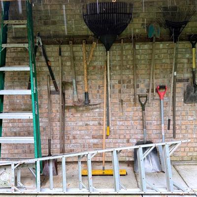 Outdoor Tool Wall Cleanout With Shovels, Rakes, Ladders, Etc