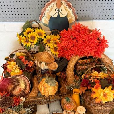 Fall Decor With Pumpkins, Flowers, Turkey Display