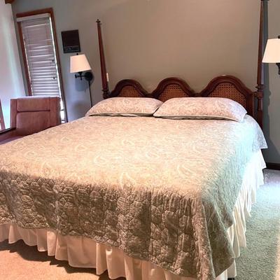 Mediterranean Style Pecan And Cane King Bed, 1970’s With Bedding 