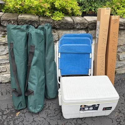 Folding Camp Chairs (4), Beach Chairs (2), Cooler, Umbrella And Mats