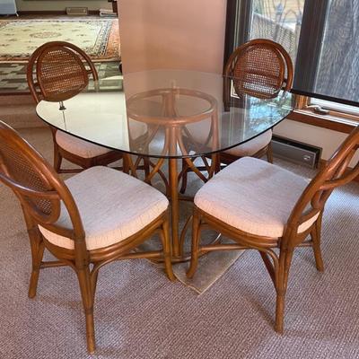 Mid Century Rattan And Bamboo Glass Topped Table With Rattan And Cane Chairs 