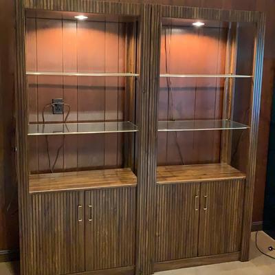 Pair Of Pecan And Glass Entertainment Cabinets