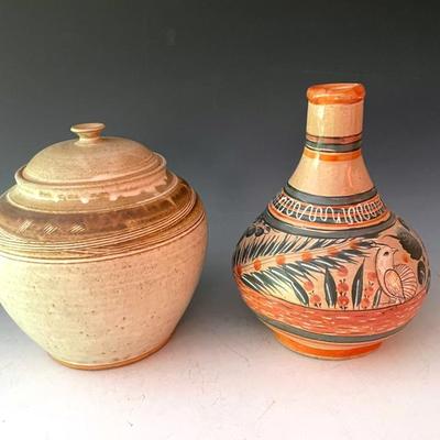 Tonala Mexican Pottery Pitcher With Stoneware Studio Art Pottery Jar, Signed