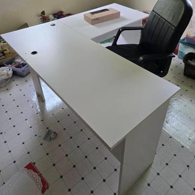 White Corner Desk + Chair & Light 