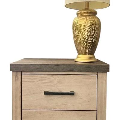 White And Gray Bedside Table With Gold Lamp