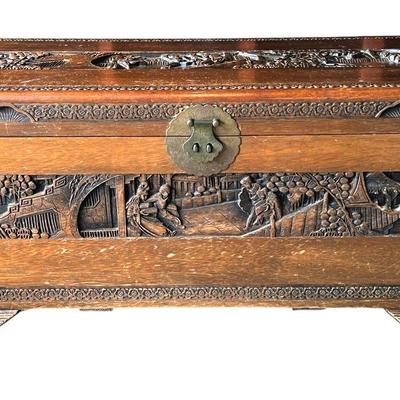 Antique Yih Kong Kee Carved Wood Trunk From Shanghai China