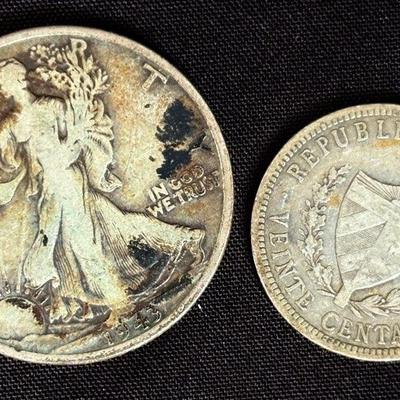 2 Silver Coins - 1943 Walking Liberty Half Dollar & 1915 Partria Y Libertad Cuban Coin