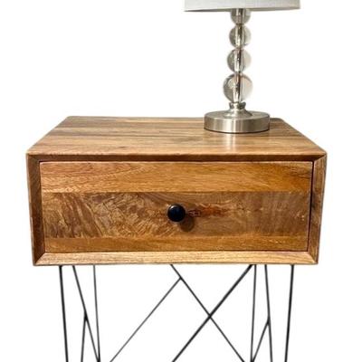 Wood Side Table With Metal Legs And Clear Table Lamp