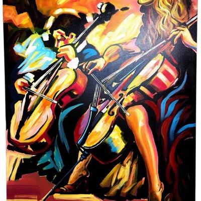 Large Abstract Acrylic Painting Of Cellists On Canvas- Signed “Max”- 40”x 50”