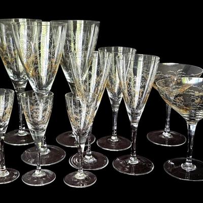 Vintage Golden Foliage Etched Glassware Set