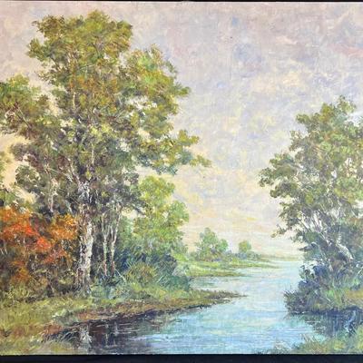 Lot 316: Framed Oil Painting – River Landscape Scene
