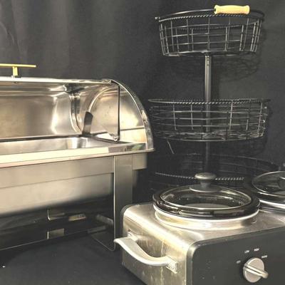 Lot 132:  Chafing Dish And Three Pot Electric Servers, Three Tier Wire Basket