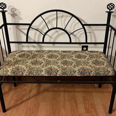 Lot 310: Wrought Iron Decorative Bench with Floral Tapestry Cushion – 37”W x 32”H x 16”D