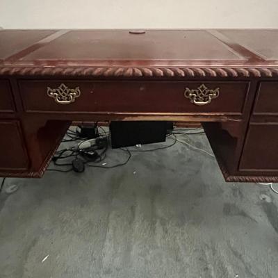 Lot 312: Traditional Wood Desk with Leather Inlay Top